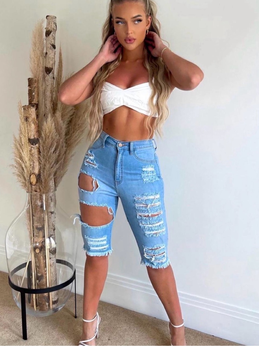 Fashion Nova Light Blue Distressed Denim Bermuda Shorts